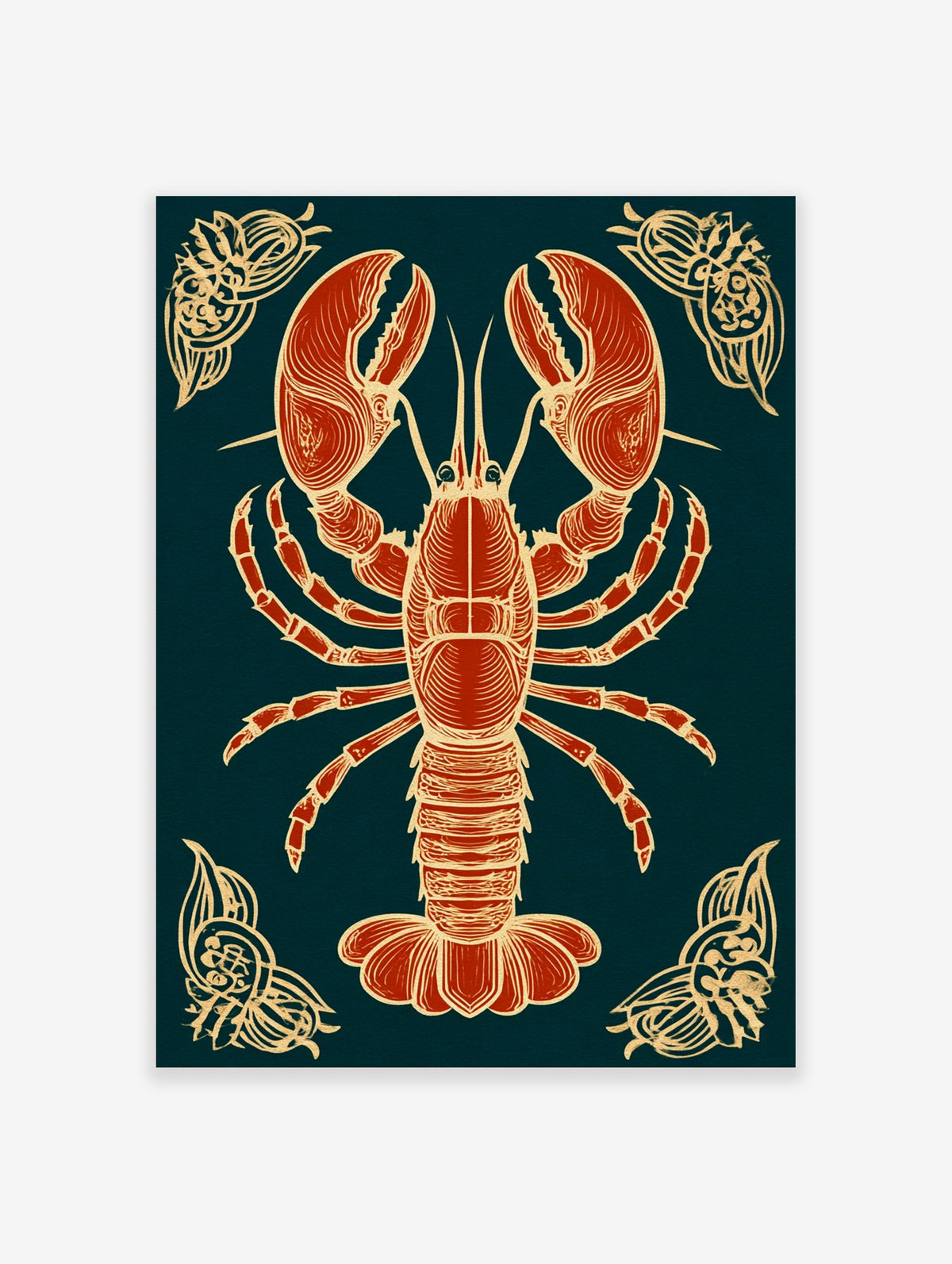 Red lobster illustration with beige-gold outlines on a dark navy background, with ornate corner details