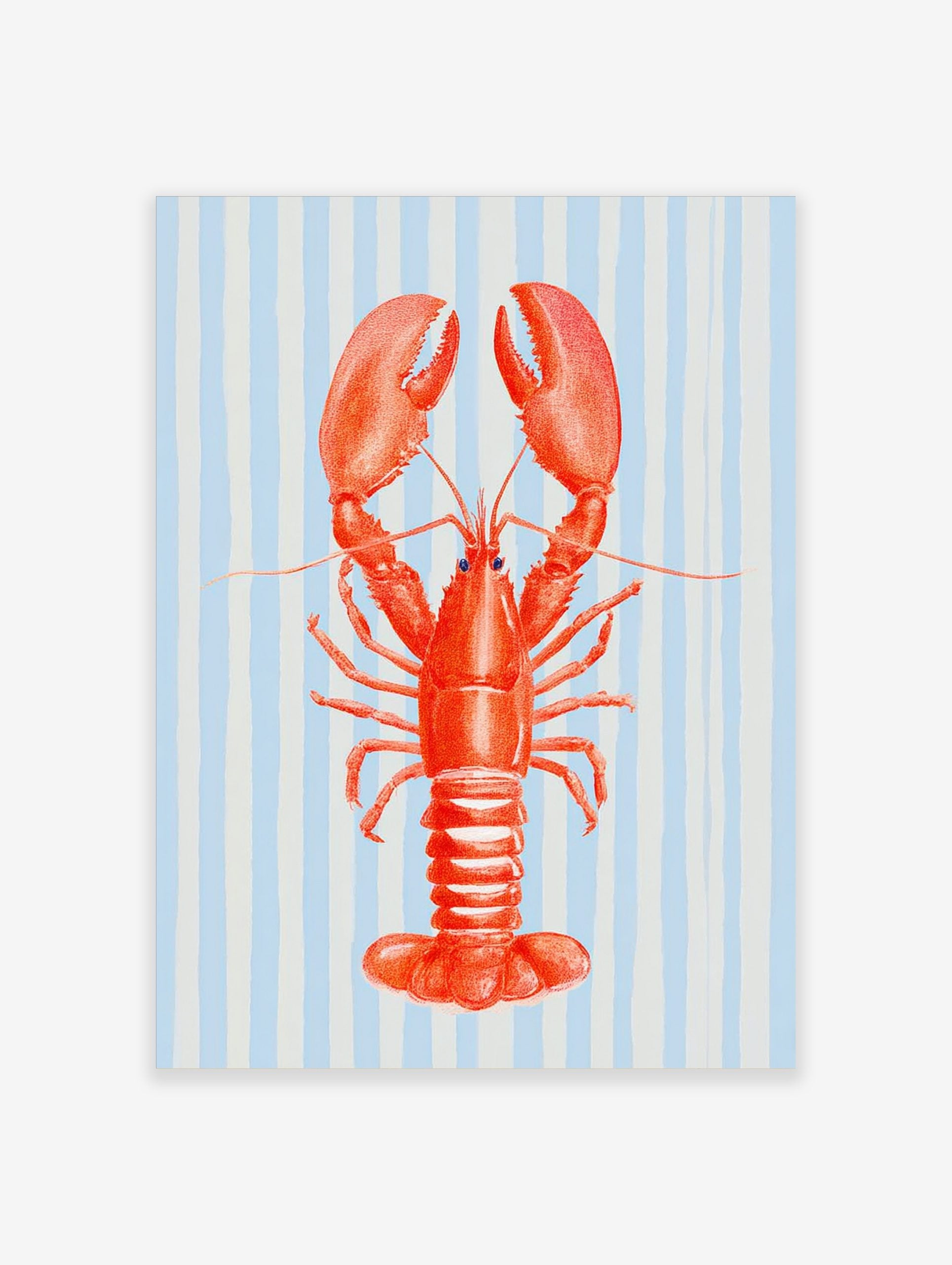 Red lobster illustration with large claws on a light blue and white striped background