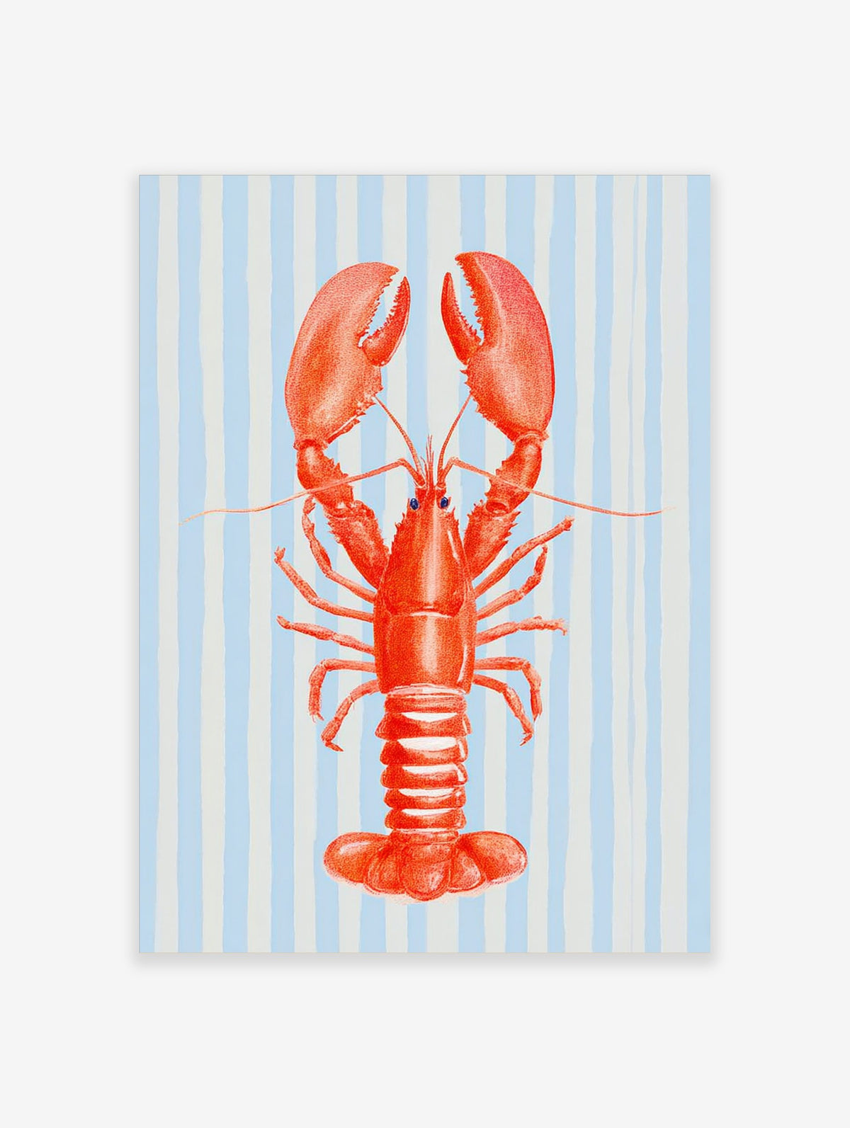 Red lobster illustration with large claws on a light blue and white striped background