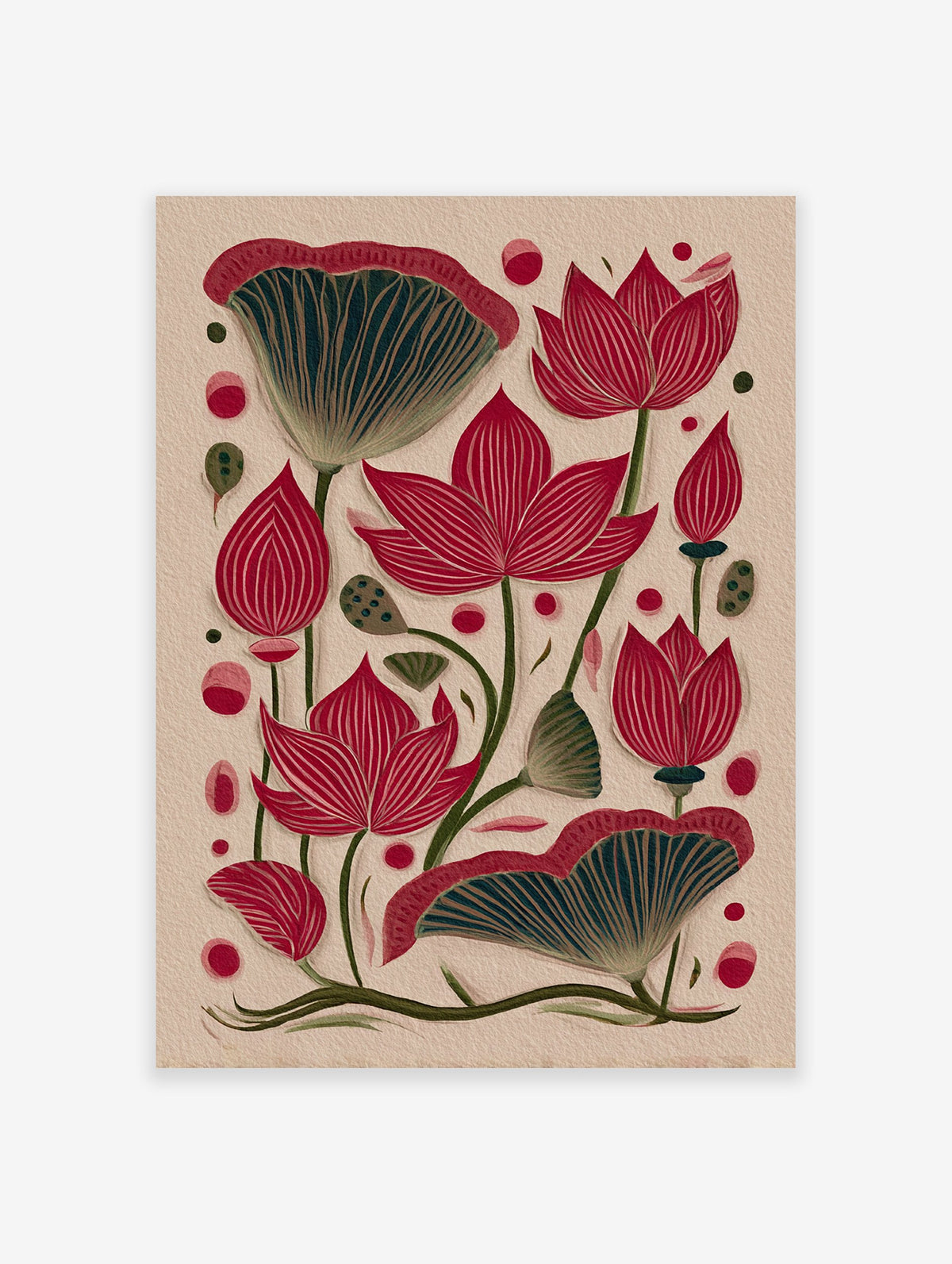 Red lotus flowers and green leaves botanical illustration art print on a textured light beige background with small dots.
