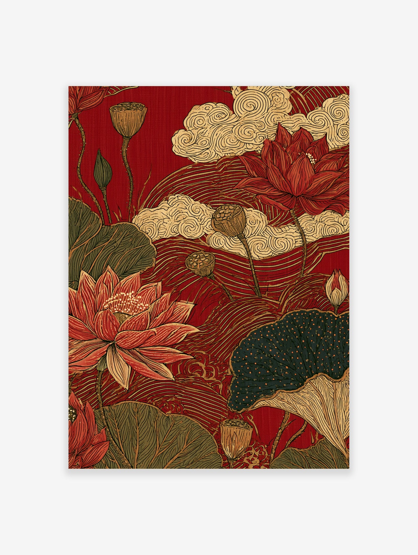 Japanese style red lotus flower botanical illustration with seed pods and gold clouds on a red background art print