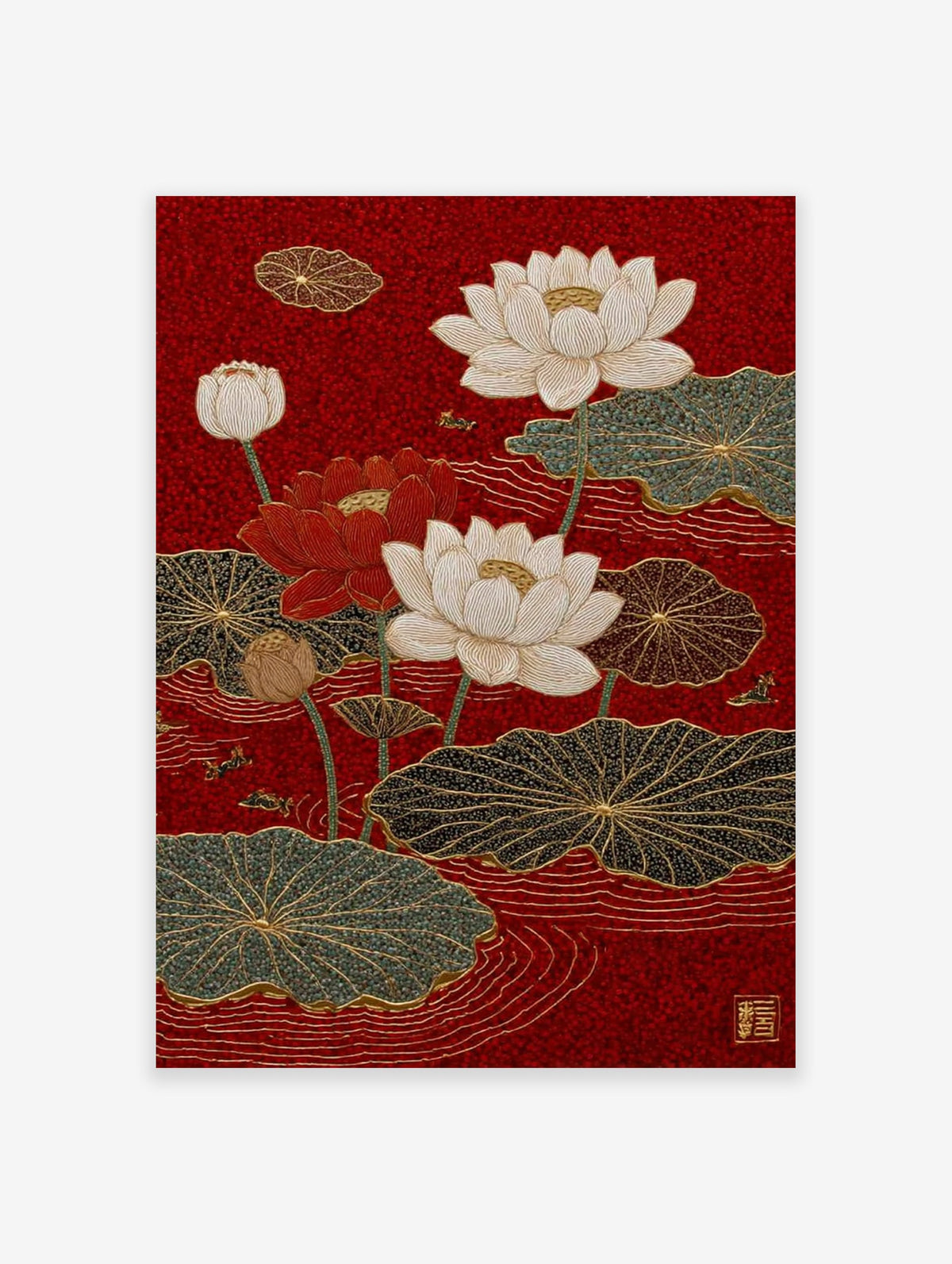 Red Lotus Flower Poster depicting white and red lotus flowers with green and black lily pads on a vibrant red background in an Asian art style.