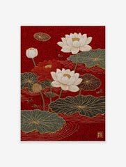 Red Lotus Flower Poster depicting white and red lotus flowers with green and black lily pads on a vibrant red background in an Asian art style.