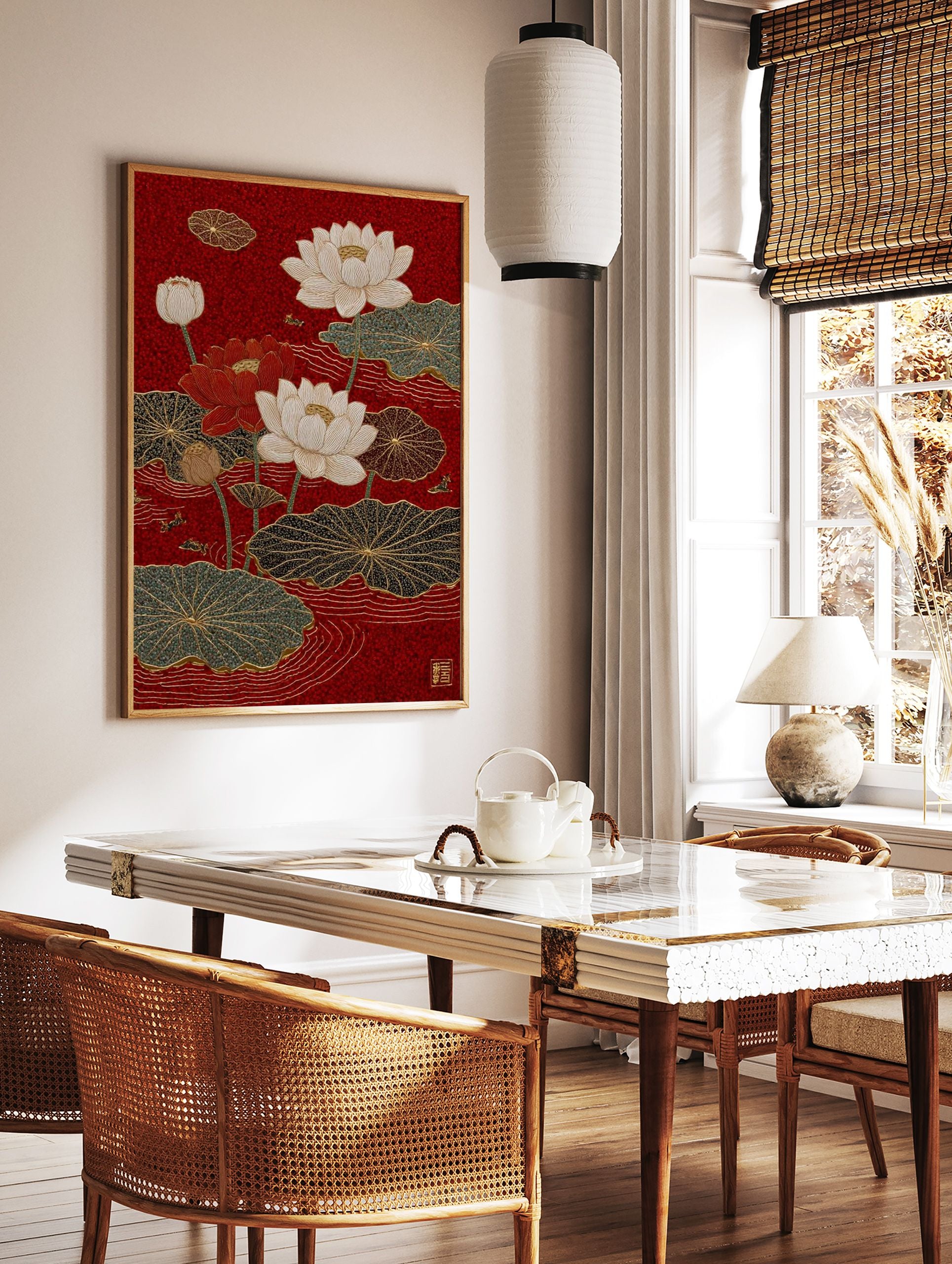 Red Lotus Flower Poster depicting white and red lotus flowers with green and black lily pads on a vibrant red background in an Asian art style. - Image 2