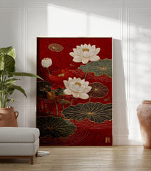 Red Lotus Flower Poster depicting white and red lotus flowers with green and black lily pads on a vibrant red background in an Asian art style. - Image 3