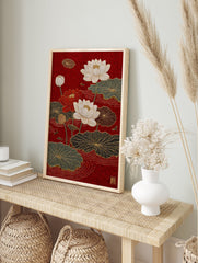 Red Lotus Flower Poster depicting white and red lotus flowers with green and black lily pads on a vibrant red background in an Asian art style. - Image 4