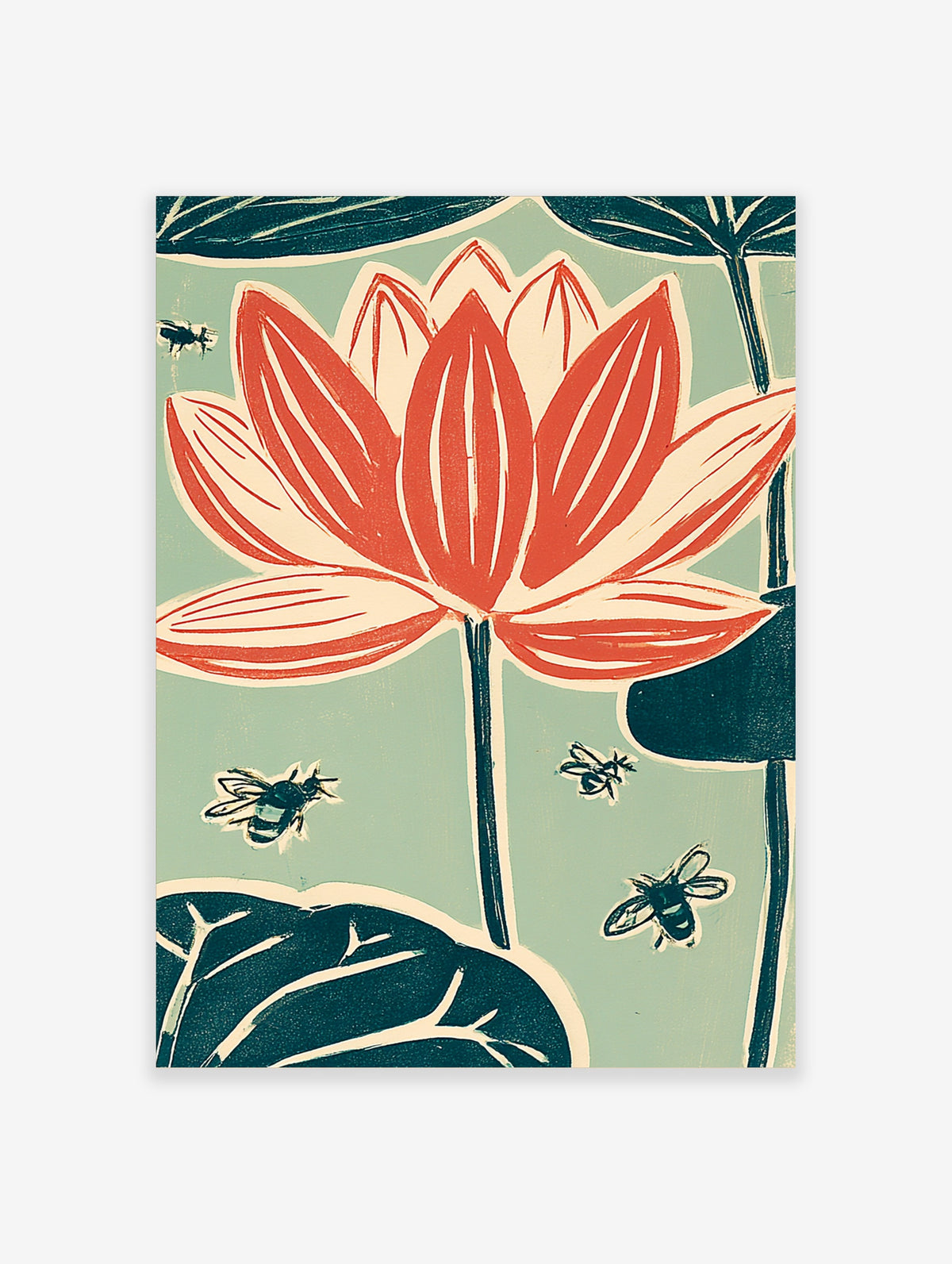 Red lotus flower with bees and lily pads on sage green background, Japanese style botanical art print