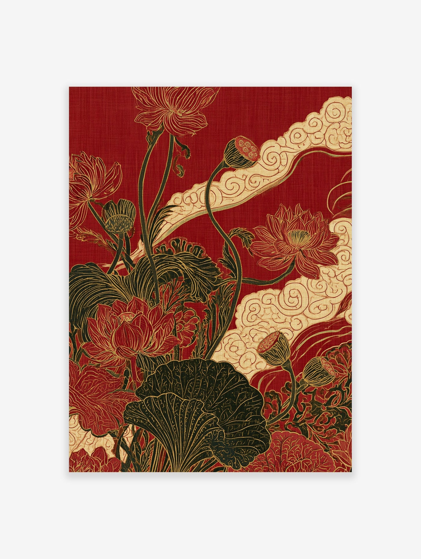 Intricate red lotus flower and cloud botanical illustration art print on a deep red background