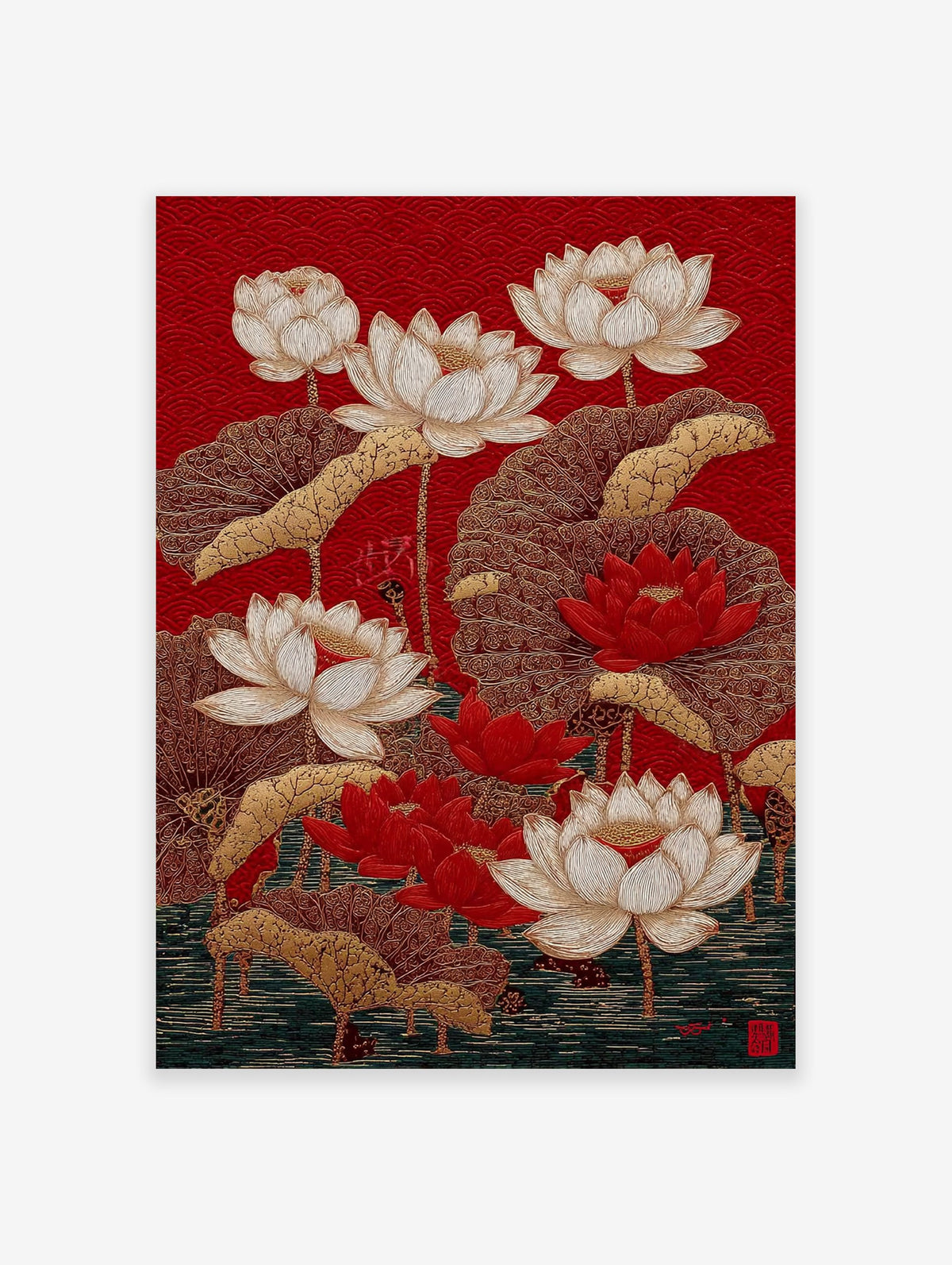 Red lotus flower botanical illustration poster with gold leaves and stems on a red patterned background, showing water at the bottom.