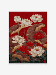 Red lotus flower botanical illustration poster with gold leaves and stems on a red patterned background, showing water at the bottom.