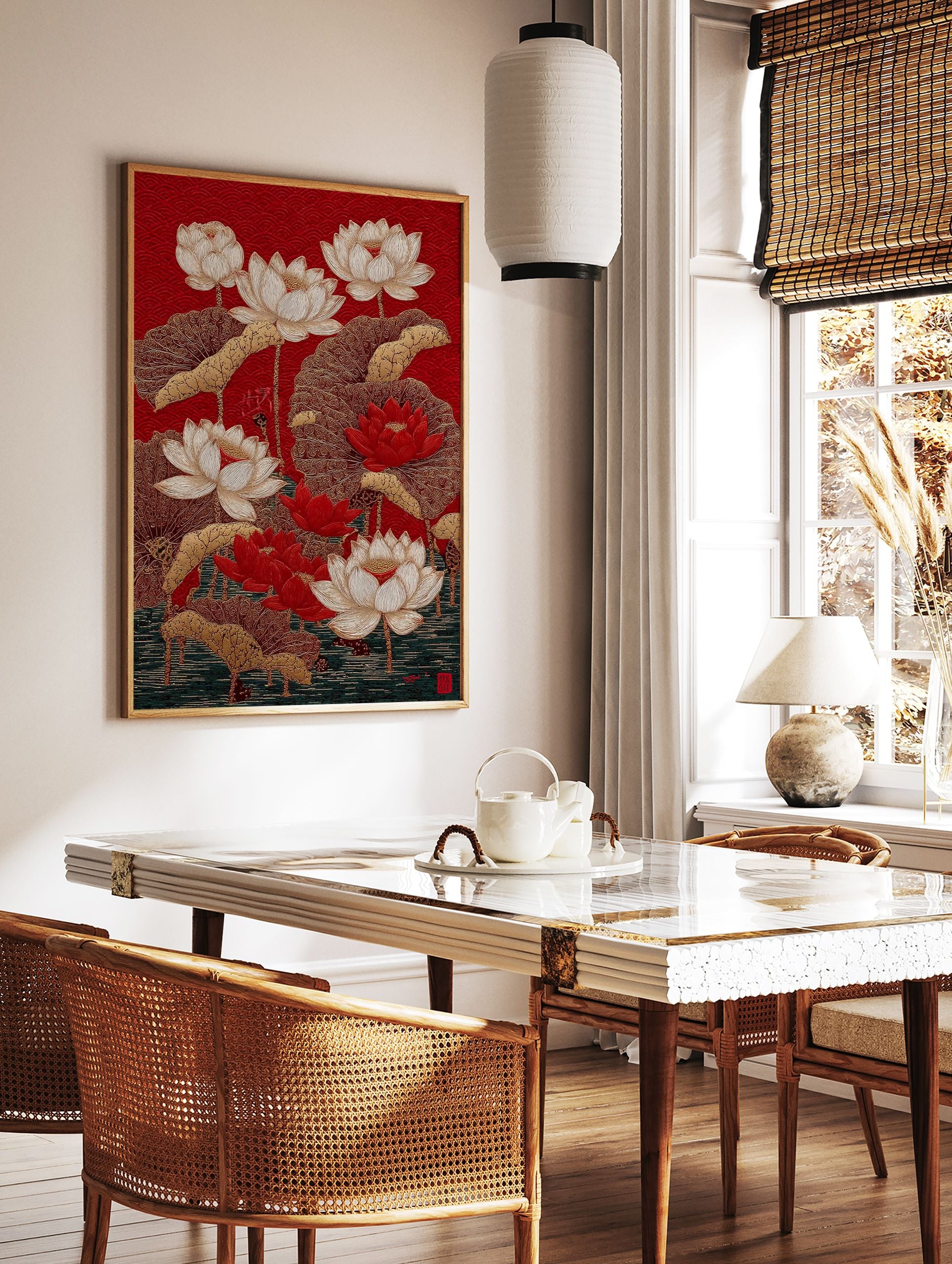 Red lotus flower botanical illustration poster with gold leaves and stems on a red patterned background, showing water at the bottom. - Image 2