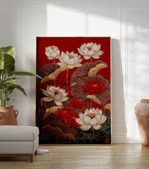 Red lotus flower botanical illustration poster with gold leaves and stems on a red patterned background, showing water at the bottom. - Image 3