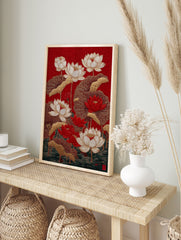 Red lotus flower botanical illustration poster with gold leaves and stems on a red patterned background, showing water at the bottom. - Image 4