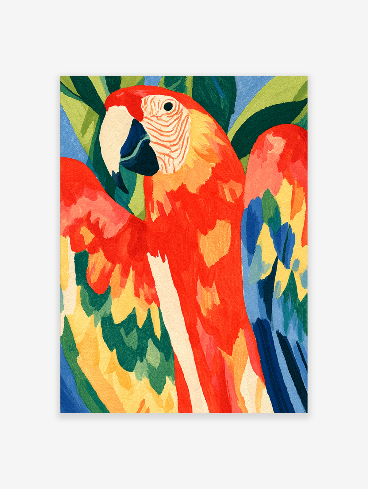 Red macaw parrot portrait with cream face and tropical leaves in a colourful painted style