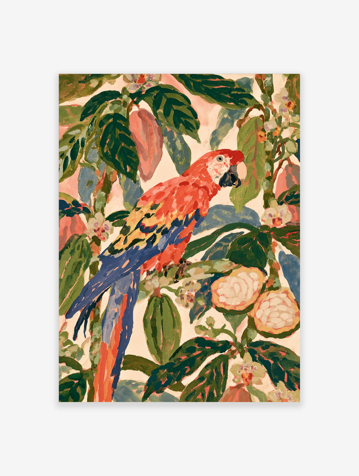 Red macaw parrot perched among green leaves and pink fruit on a cream background, colourful tropical bird art print