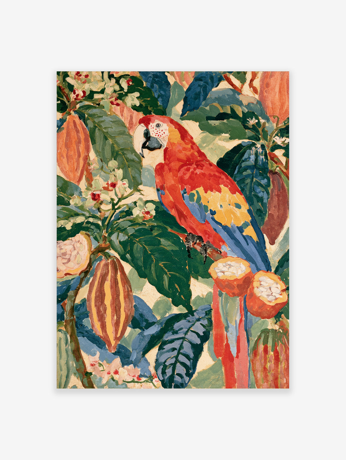 Scarlet macaw perched among cocoa pods and green leaves in a colourful tropical art print