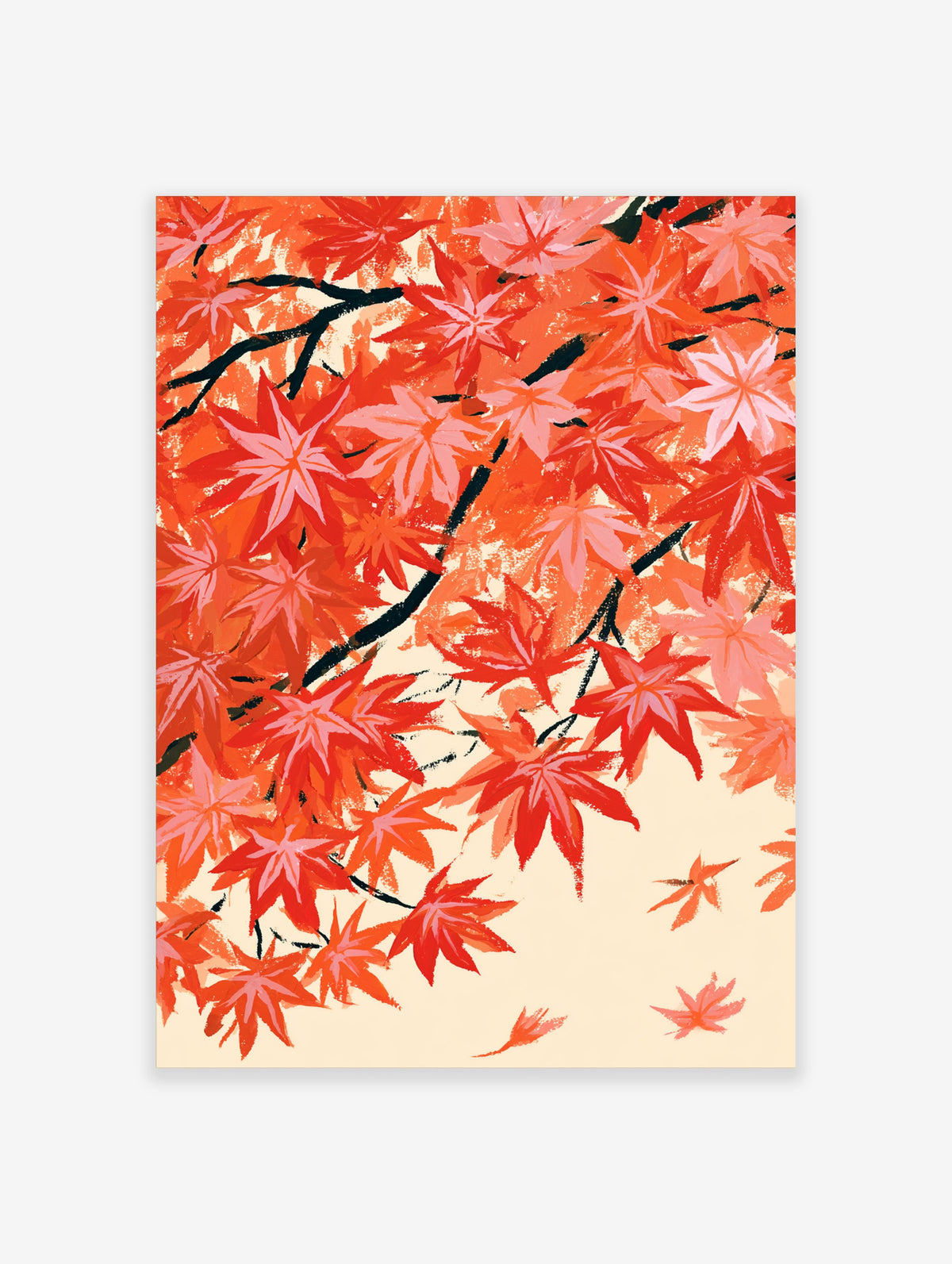 Red and coral maple leaves on dark branches against a cream background, Japanese autumn art print