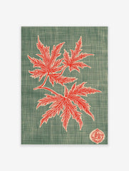 Red maple leaves botanical illustration with branch and Japanese seal on a textured teal background
