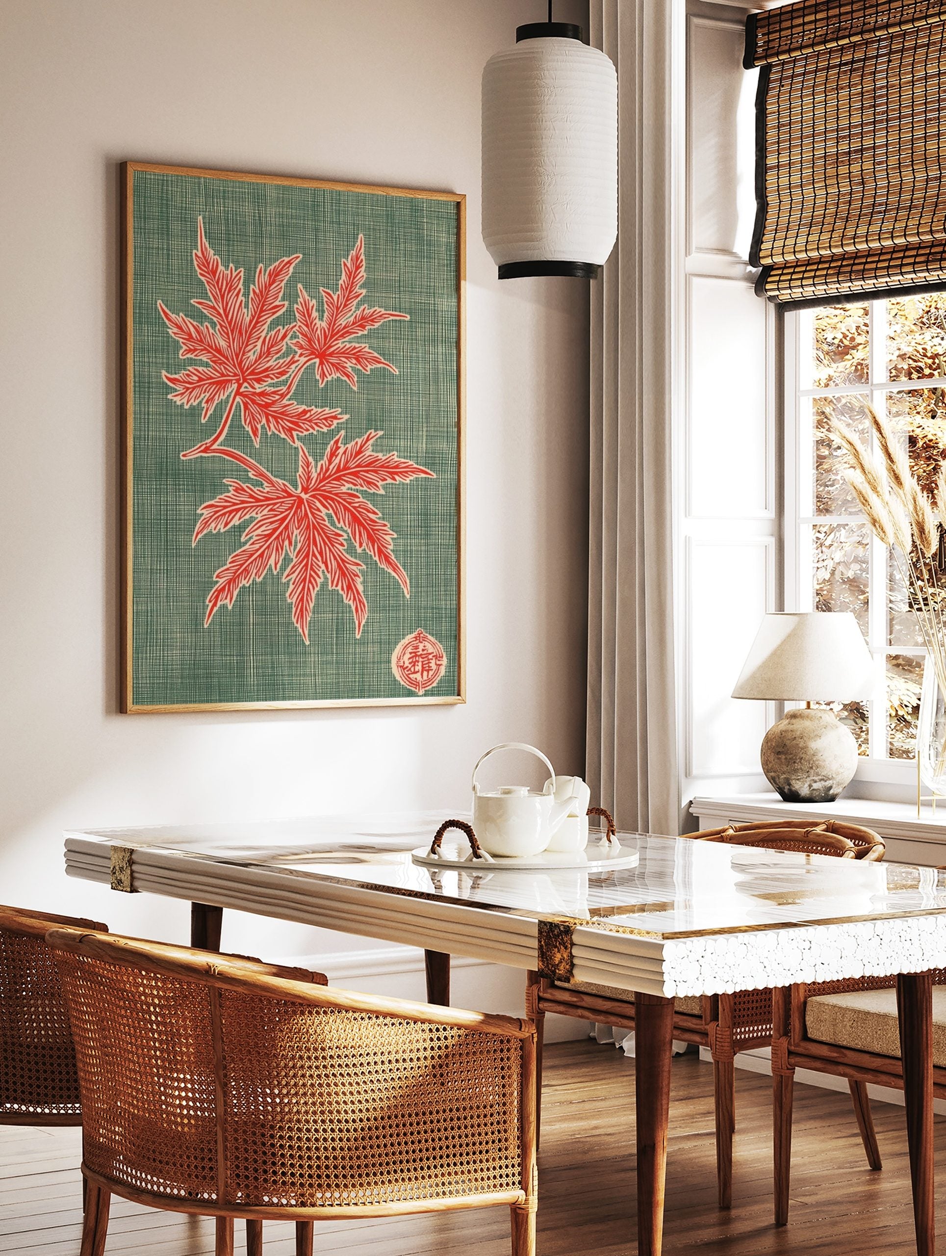 Red maple leaves botanical illustration with branch and Japanese seal on a textured teal background, in a styled room mockup