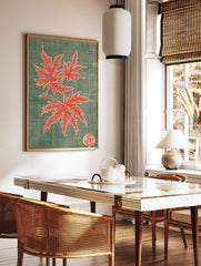 Red maple leaves botanical illustration with branch and Japanese seal on a textured teal background, in a styled room mockup
