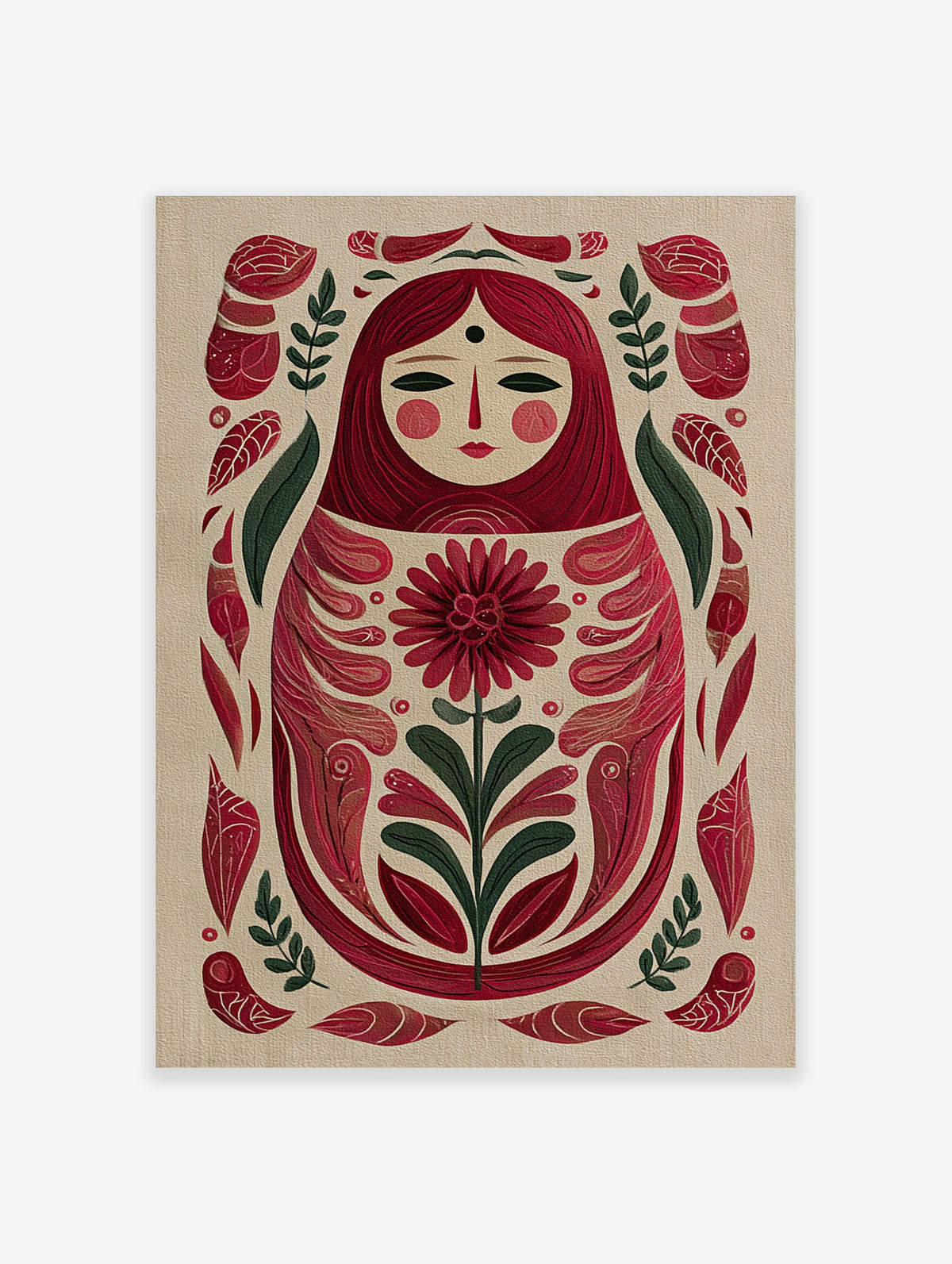 Red Matryoshka doll folk art poster with central flower and green leaves on beige background