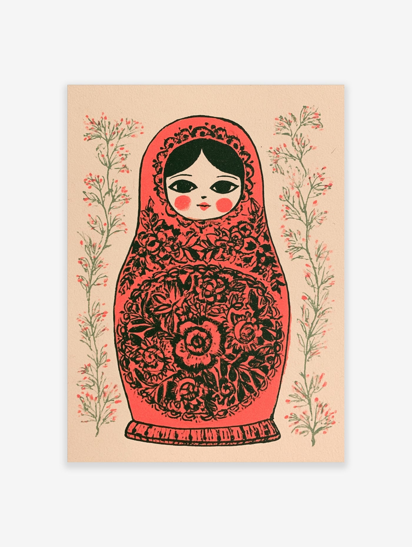 Red Matryoshka doll illustration with intricate floral patterns and botanical sprigs on a cream background