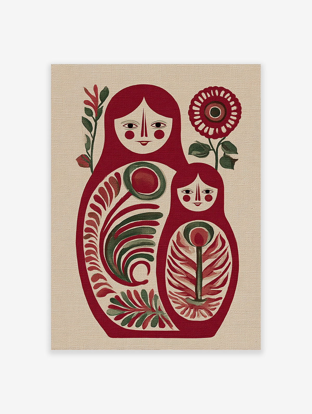 Red matryoshka nesting doll folk art print with floral motifs and sunflower on beige background