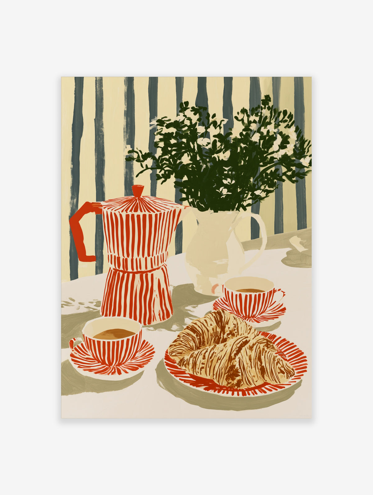 Red moka pot and croissant still life art print with striped cups and jug of flowers on blue striped background