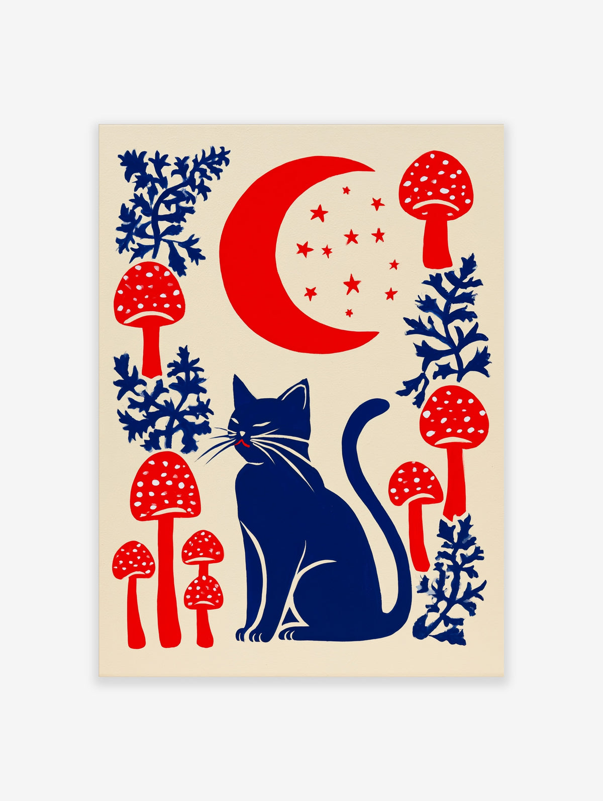 Navy blue cat sitting under a red crescent moon and stars with red mushrooms and blue foliage on cream background