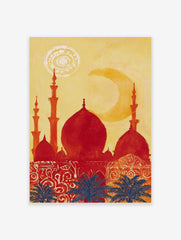 Red mosque silhouette with domes and minarets against a yellow sky, blue palm trees, and a crescent moon