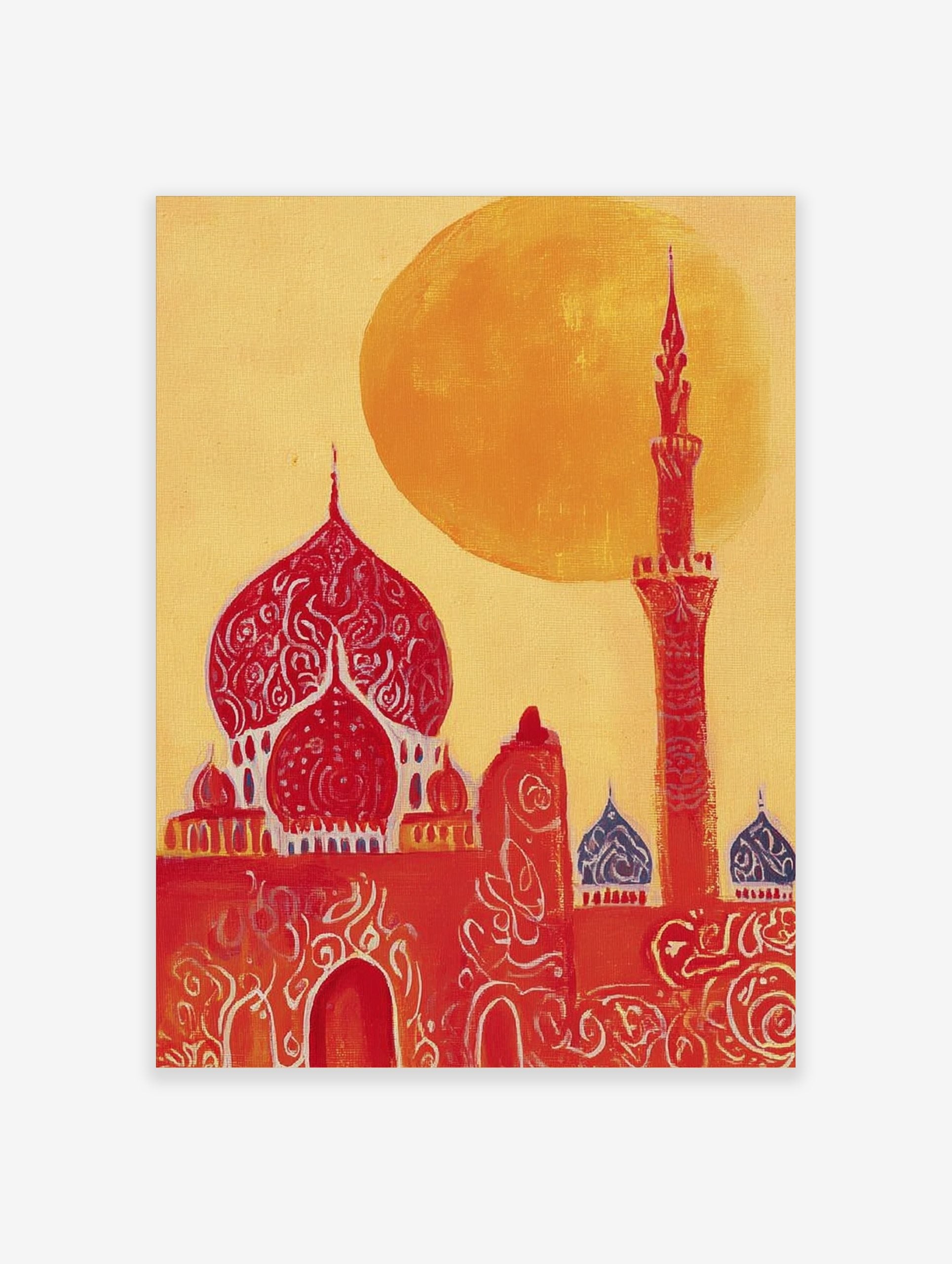 Illustrative red mosque with ornate domes and a tall minaret against a bright yellow-orange sun