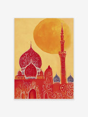 Illustrative red mosque with ornate domes and a tall minaret against a bright yellow-orange sun