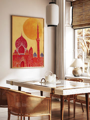 Illustrative red mosque with ornate domes and a tall minaret against a bright yellow-orange sun, in a styled room mockup