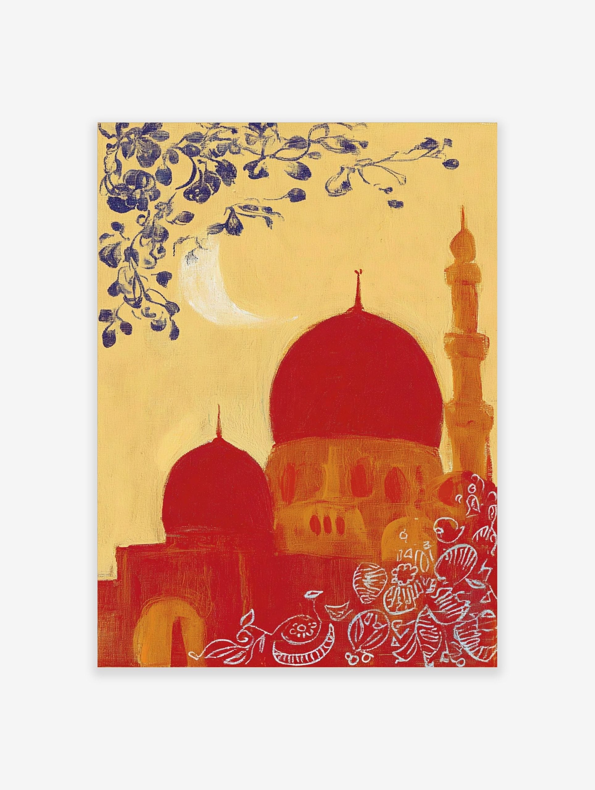 Red mosque with golden minaret under a crescent moon and blue floral branch on a yellow background, with white ornamental