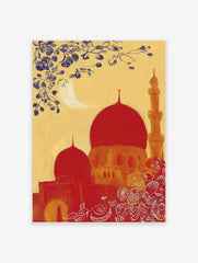 Red mosque with golden minaret under a crescent moon and blue floral branch on a yellow background, with white ornamental