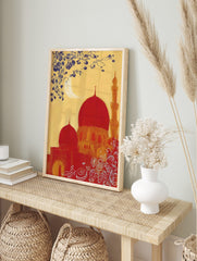 Red mosque with golden minaret under a crescent moon and blue floral branch on a yellow, in an alternate framed mockup