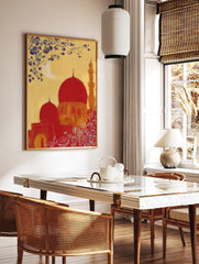 Red mosque with golden minaret under a crescent moon and blue floral branch on a yellow background, in a styled room mockup
