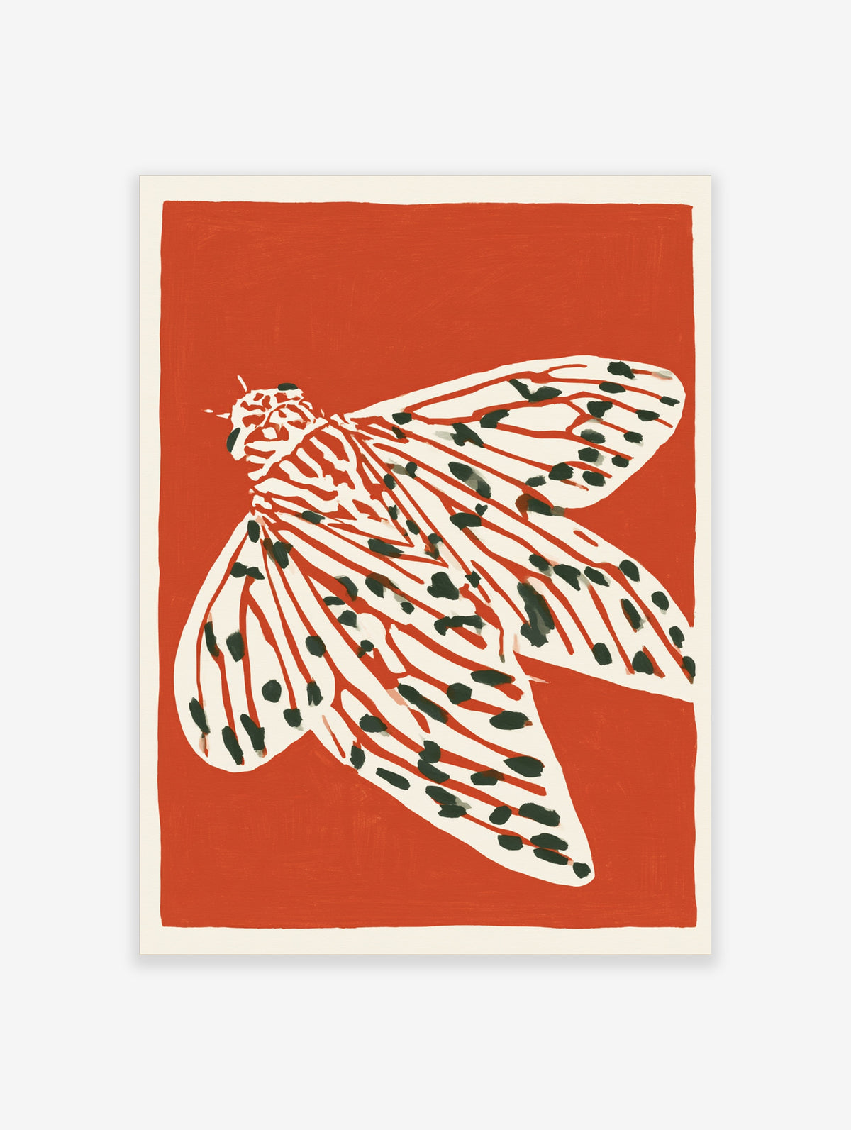 Red moth art print with white wings, black spots, and red veins on a solid red background