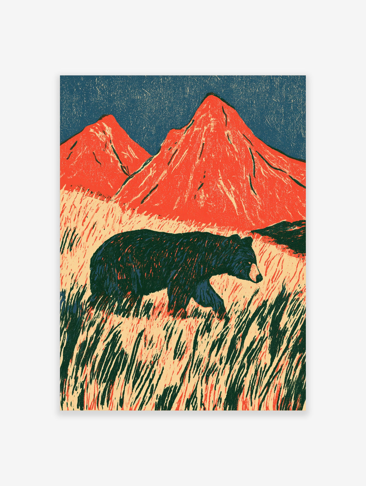 Red mountain bear poster with dark bear walking through tall grass and two orange peaks under a blue sky