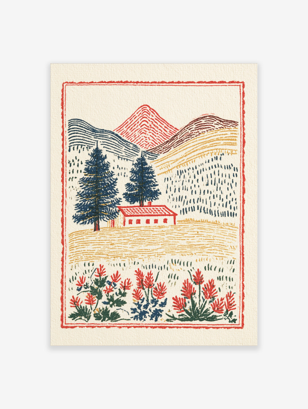 Red mountain landscape art print with cabin, pine trees, and red wildflowers in woodblock style