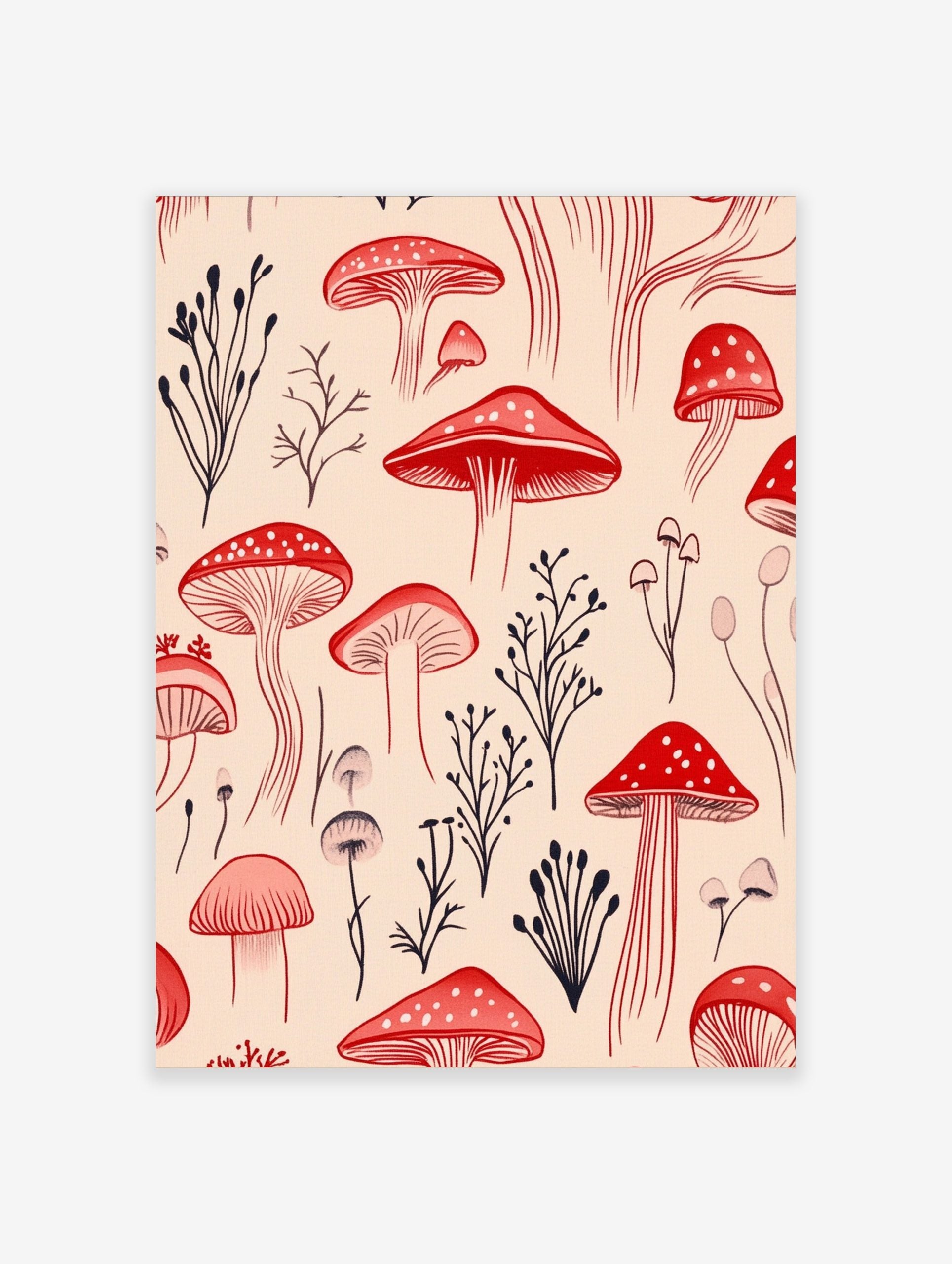 Red mushroom and dark botanical illustration art print on a pale beige background, featuring various fungi