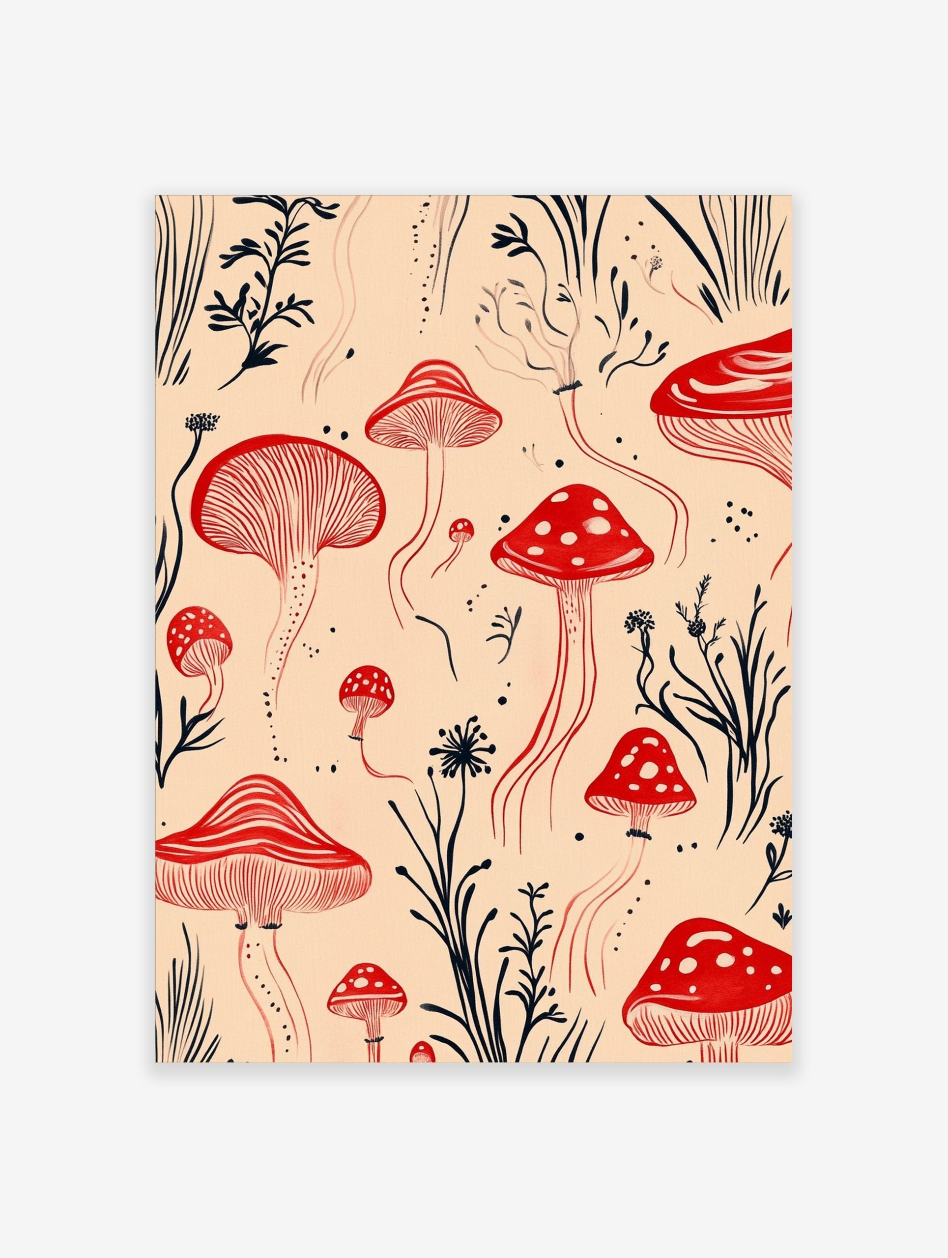 Red mushroom botanical illustration print with dark plant silhouettes on a light beige background