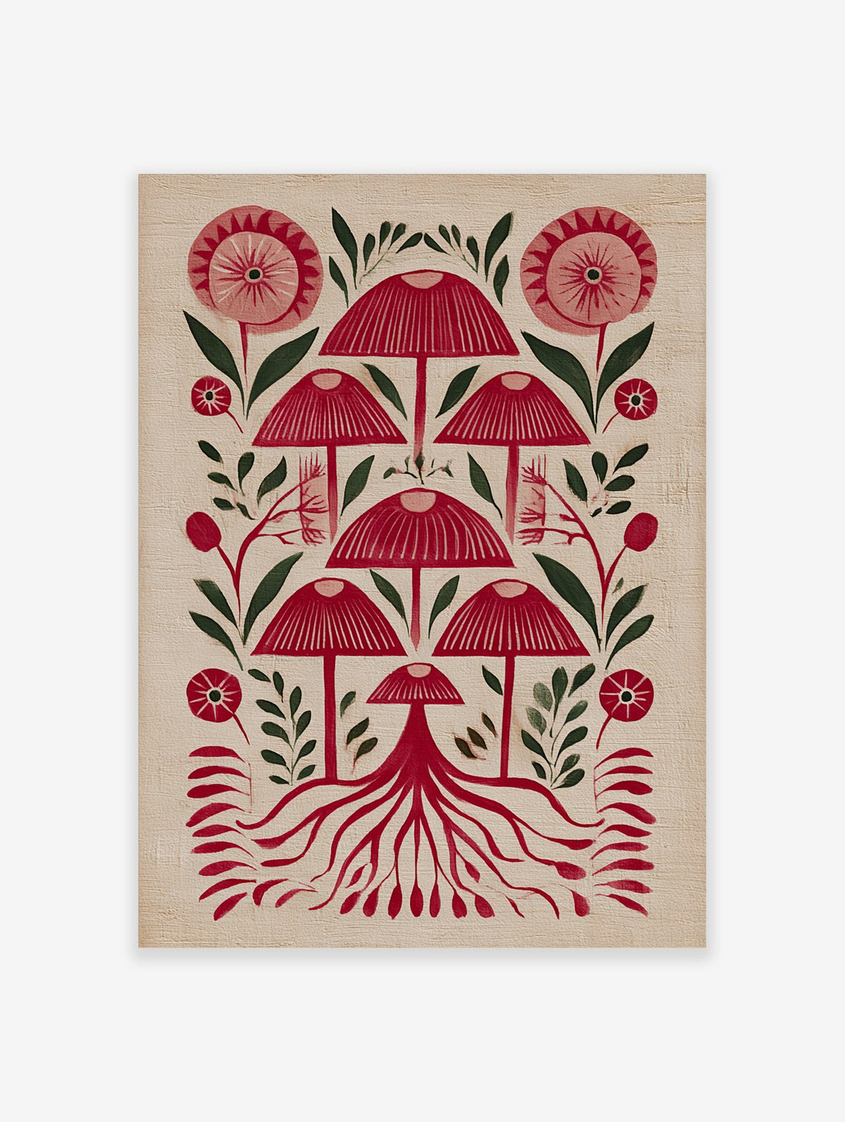 Red mushroom and botanical folk art print with stylised flowers, leaves, and roots on a light background