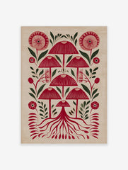 Red mushroom folk art print with stylised fungi, green leaves, and pink flowers on a cream background