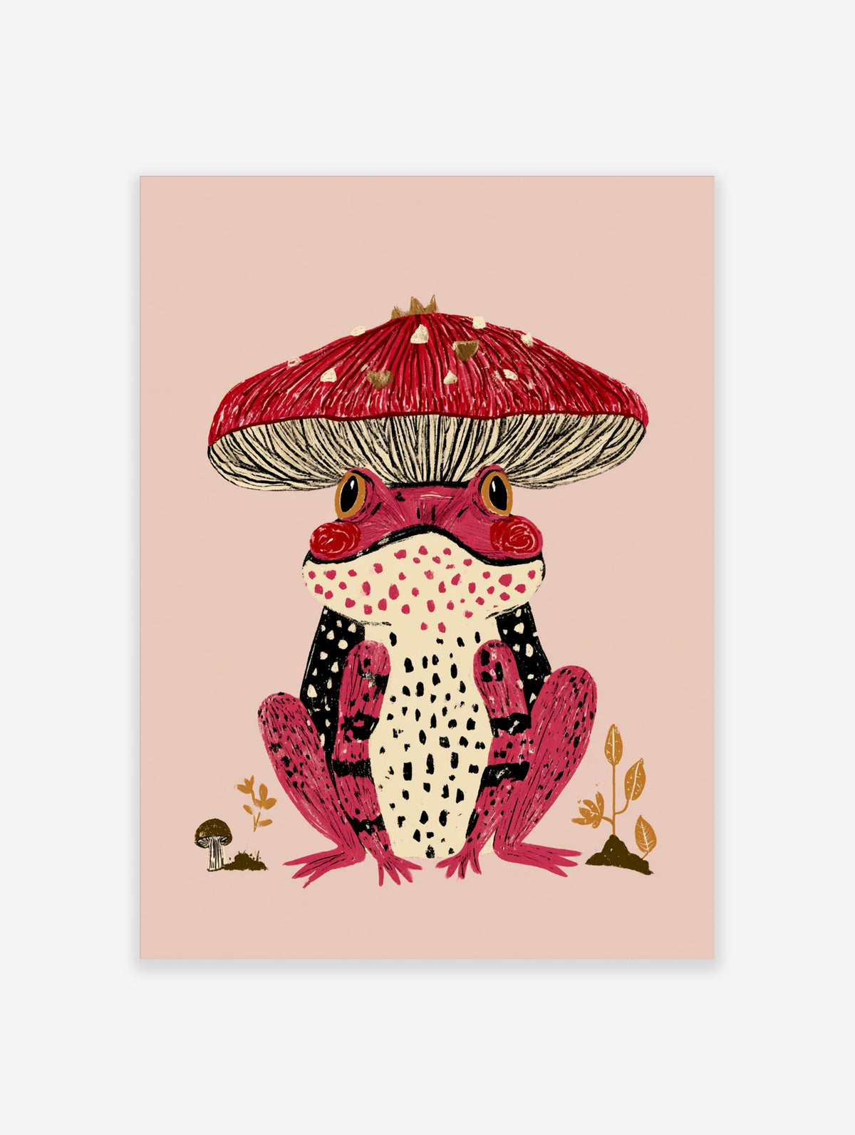 Red frog with mushroom cap illustration, pink background, gold plants, whimsical animal print