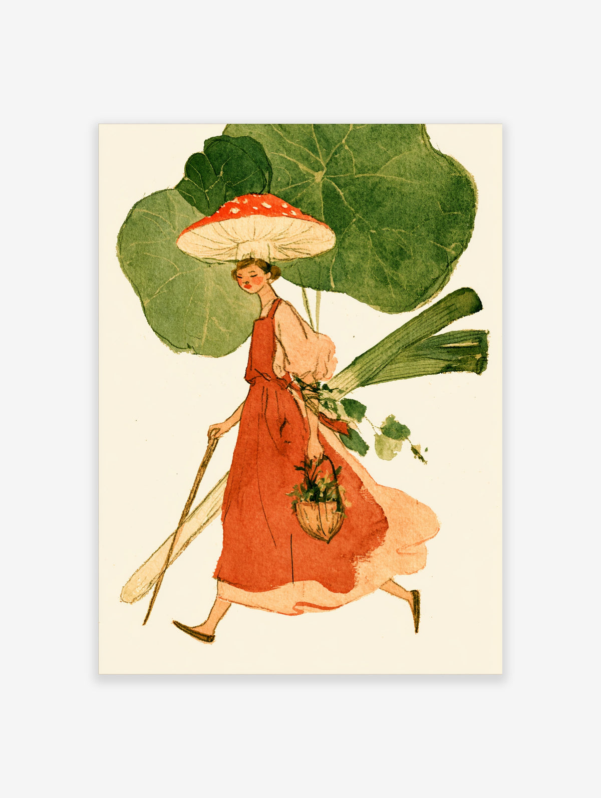Illustration of a girl in a red mushroom hat carrying a basket and leeks, with large green leaves behind her