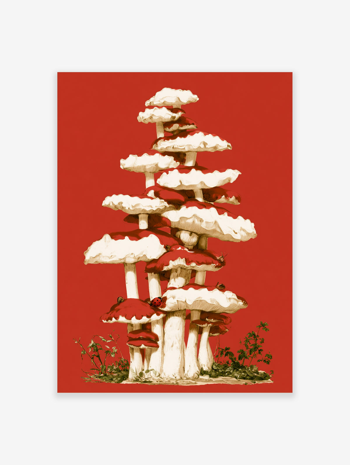 Red and white mushroom tower illustration with ladybirds and green foliage on red background