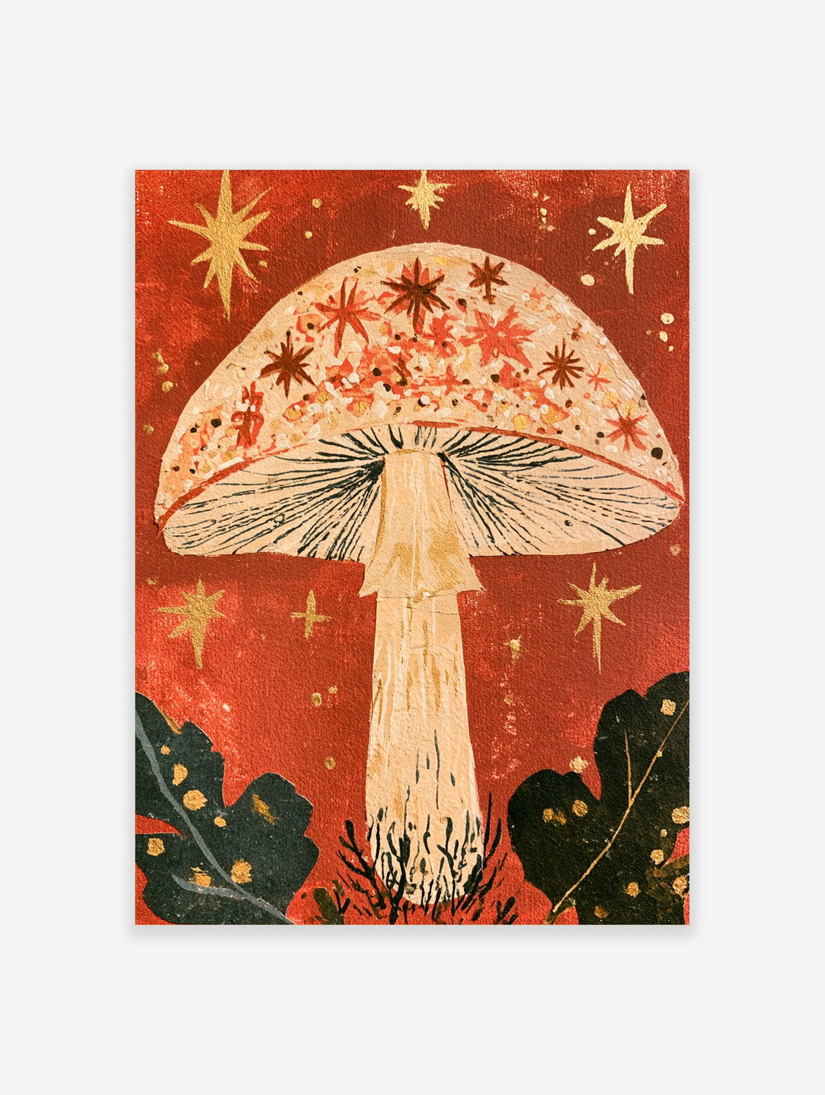 Red mushroom art print with speckled cap, dark gills, gold stars on red background