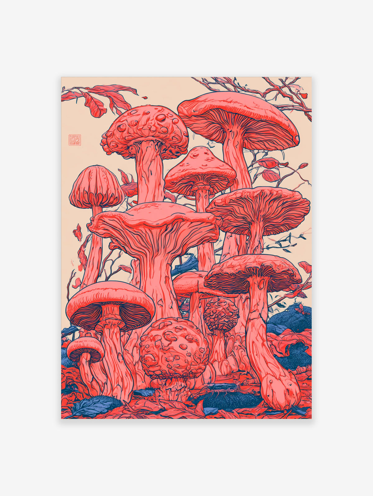 Red mushroom botanical illustration with detailed gills and stems, surrounded by leaves, on cream background