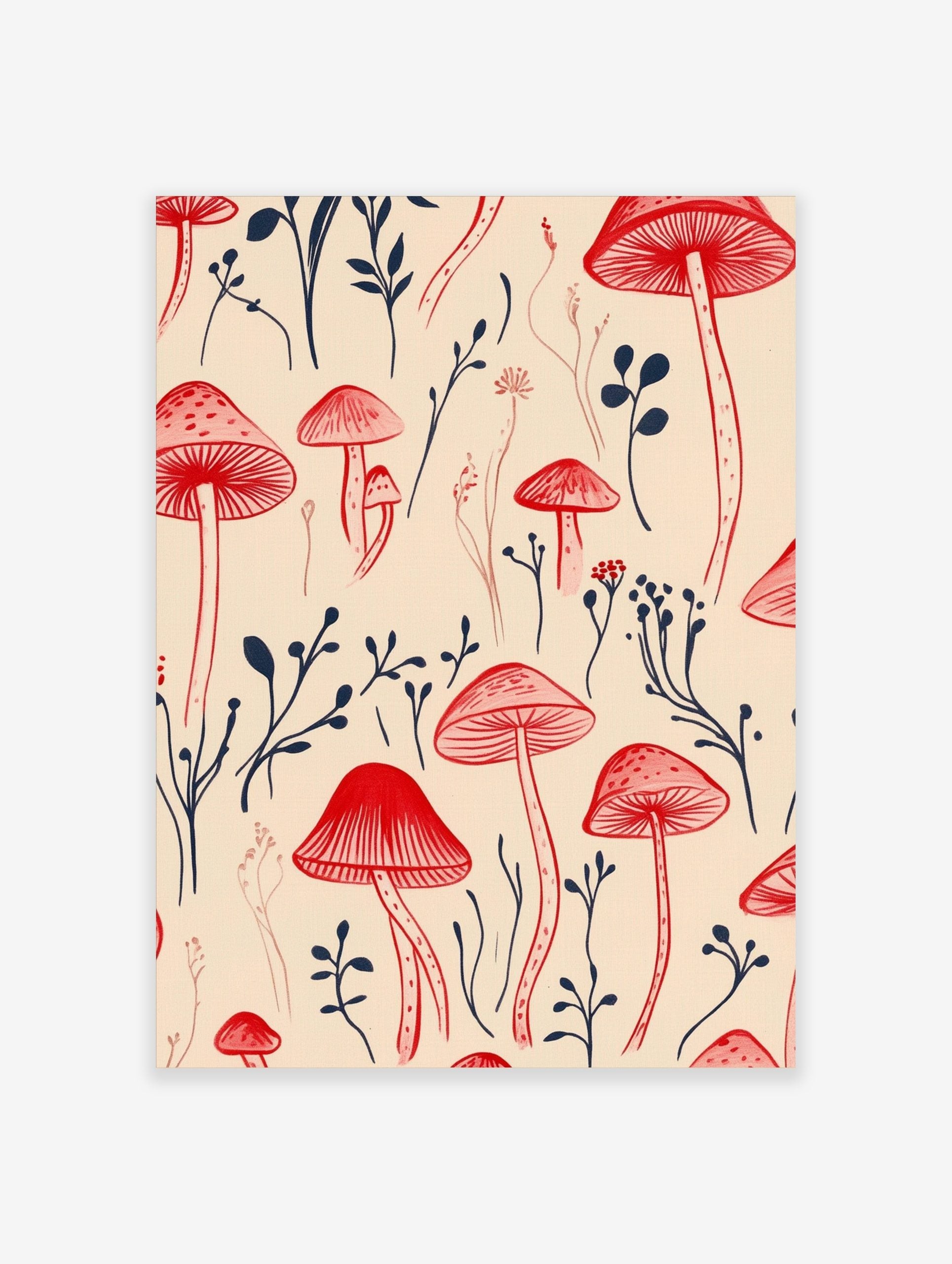 Illustrative red mushrooms and navy botanical sprigs repeating pattern on a beige background wall art print